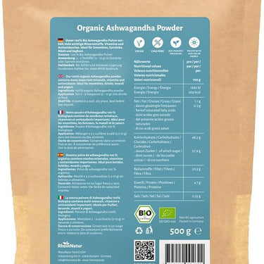 RheinNatur Bio Ashwagandha Pulver 500 g - 100% Bio-Ashwagandha - Ideal für Ashwagandha-Tee, Smoothies & Müsli - Enthält Mineralstoffe, Vitamine & Antioxidantien