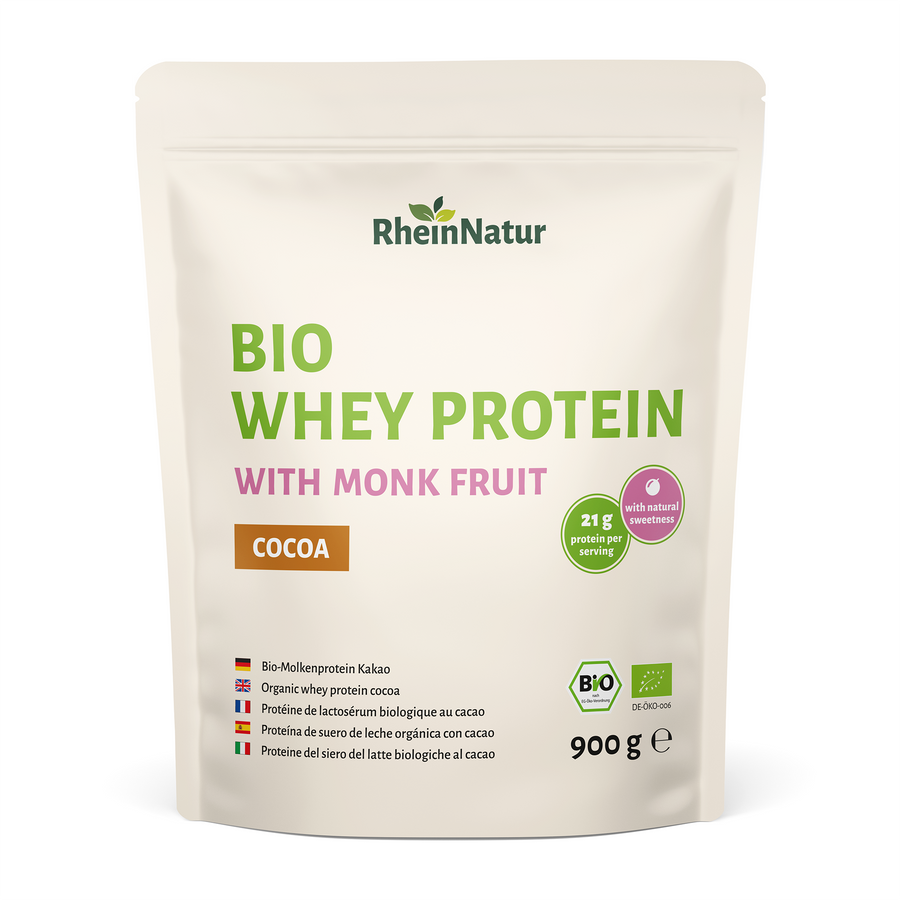 RheinNatur Bio Whey Protein Kakao 900 g – mit Mönchsfrucht
