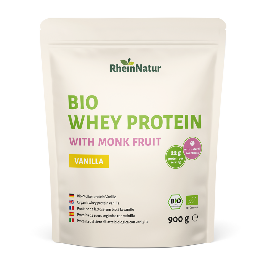 RheinNatur Bio Whey Protein Vanille 900 g – mit Monk Fruit